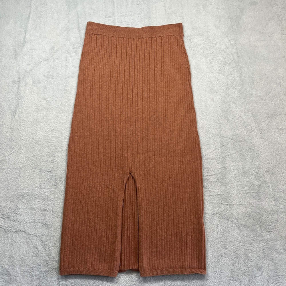 Free People Ribbed Knit Skirt Womens Brown Midi Front Slit Pencil Medium